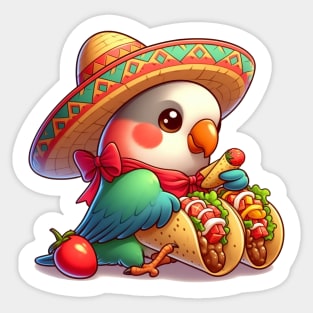 cute love birds are eating Mexican specialties, Tacos, Burritos, Enchiladas, Quesadillas, Guacamole, Fajitas, Chiles Rellenos, Tamales, Mole, Chilaquiles, Sticker